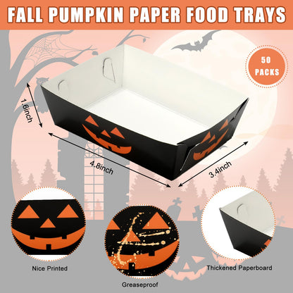 Whaline 50Pcs Halloween Paper Food Trays Grimace Pumpkin Paper Food Boats Orange Black Food Holder Disposable Serving Trays for Party Supplies