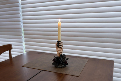 LushNook Halloween Candle Holder, Resin Skeleton Hand Candlestick with Black Faux Flower, Halloween Decor for Home Table, 7" Height