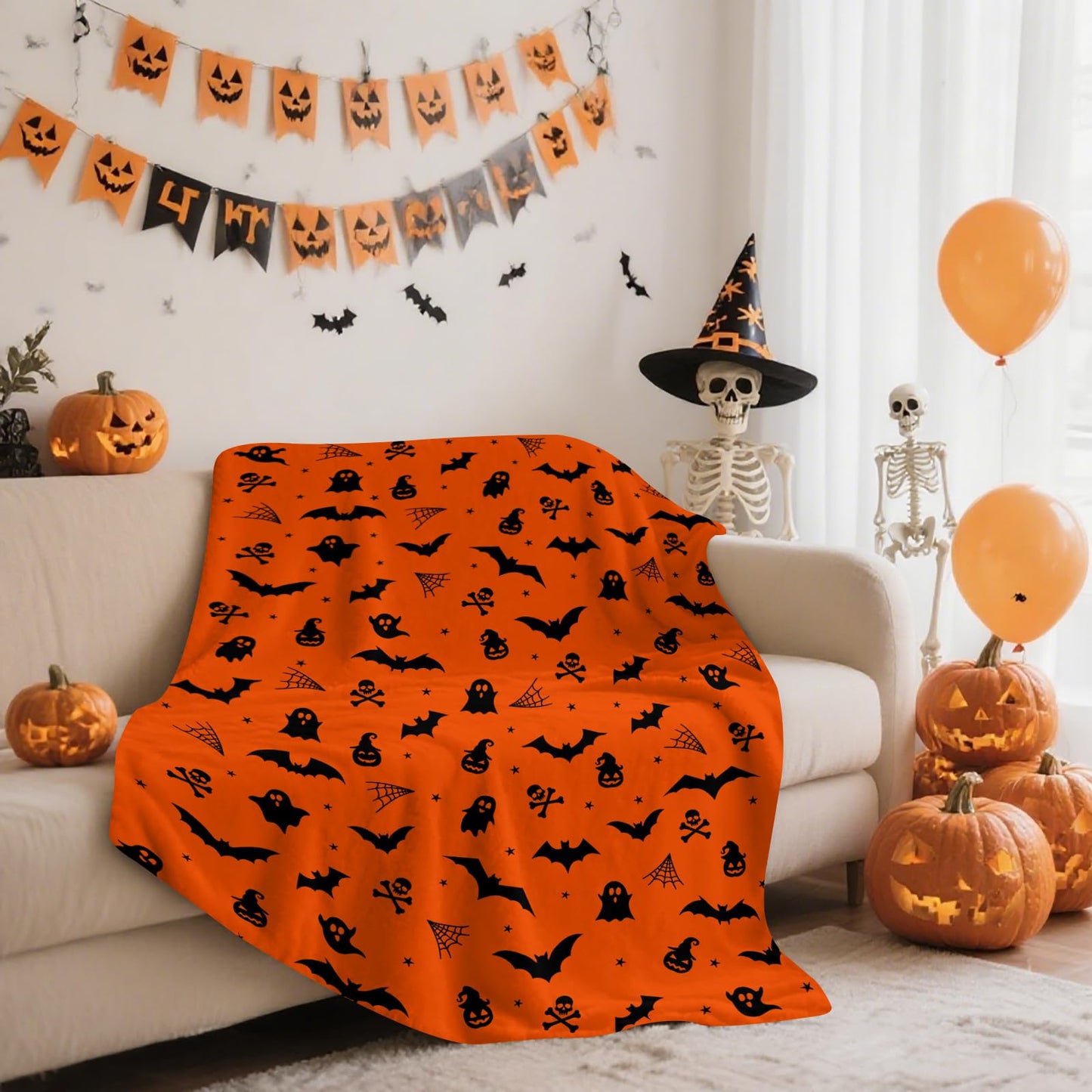 Halloween Throw Blanket Ultra Soft Skull Ghost Bat Flannel Blanket, Cozy Warm Lightweight Gift for Adults Kids, Machine Washable Couch Bed Blankets 60x50in
