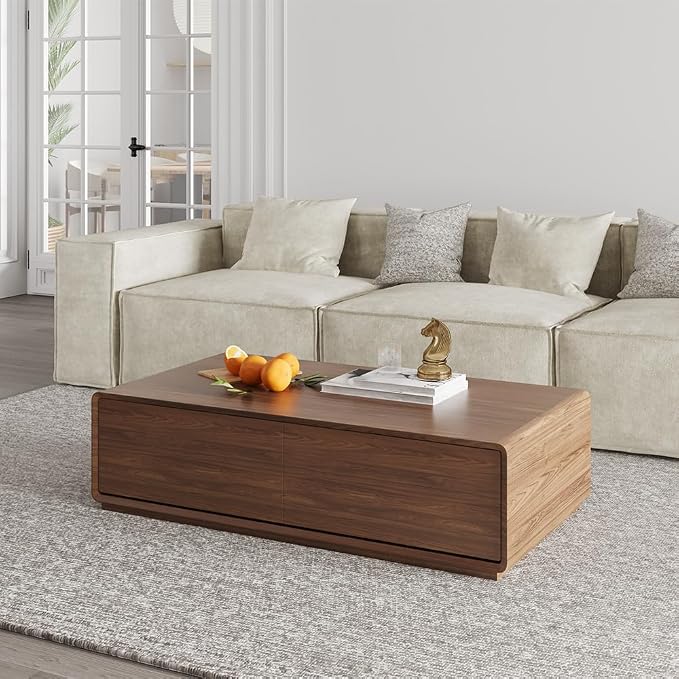 POVISON Mid Century Coffee Table with 4 Drawers,51” Rectangle Wood Coffee Table for Living Room, Fully Assembled, Walnut