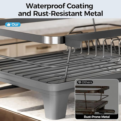 Urackify Dish Drying Rack for Kitchen Counter, Sink Dish Rack with Drainboard 12.2" W x 16.5" L, Large Dish Drainer with Cutlery Holder, Home Countertop Plate Dryer Storage Rack, Gray