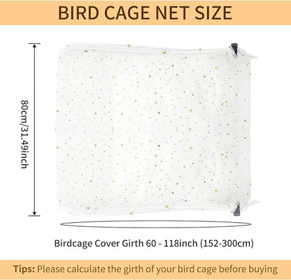 Bird Cage Cover, 60-118'' Large, 31.5'' H Adjustable Nylon Mesh Net, Soft Airy, White, Starry Sky Pattern, Drawstring, Breathable, Hand Wash Only