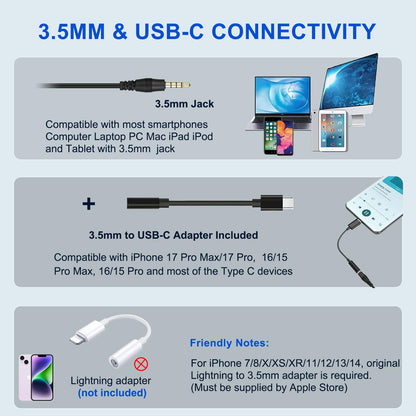 Callez Wired Computer Headset, 3.5mm Cell Phone Headset with Mic Noise Cancelling, USB-C Headphone for PC Laptop Mac iPhone Samsung Zoom Teams Call Center Home Office Work, in-line Controls