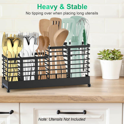 TomCare Utensil Holder with Water Absorbent Diatomite Stone 3 Removable Dividers Large Silverware Organizer Sturdy Cooking Utensils Organizer Caddy Metal kitchen Organizers and Storage for Counter