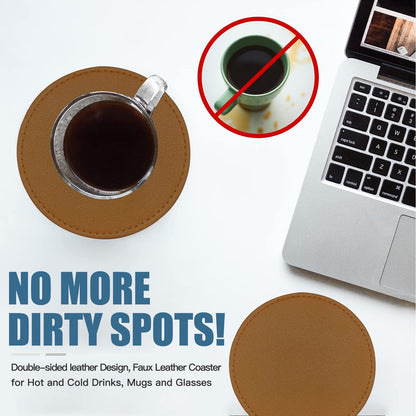 KEMMPER Coasters Set of 6 Soft Leather Drink Coaster Round Coaster with Sewing Around, Suitable for Various Cups, Wooden Tables,Home Decoration,4 Inches(Brown)