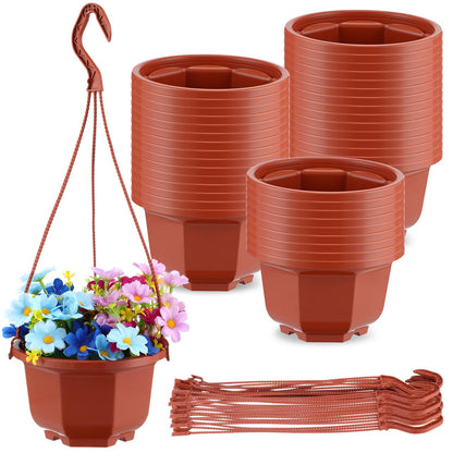 Roshtia 24 Pcs Hanging Plastic Planter Pot with Hook Flower Pots Baskets Hanging Nursery Planter Holder for Outdoor Indoor Plant Garden(Brown,6 Inch)