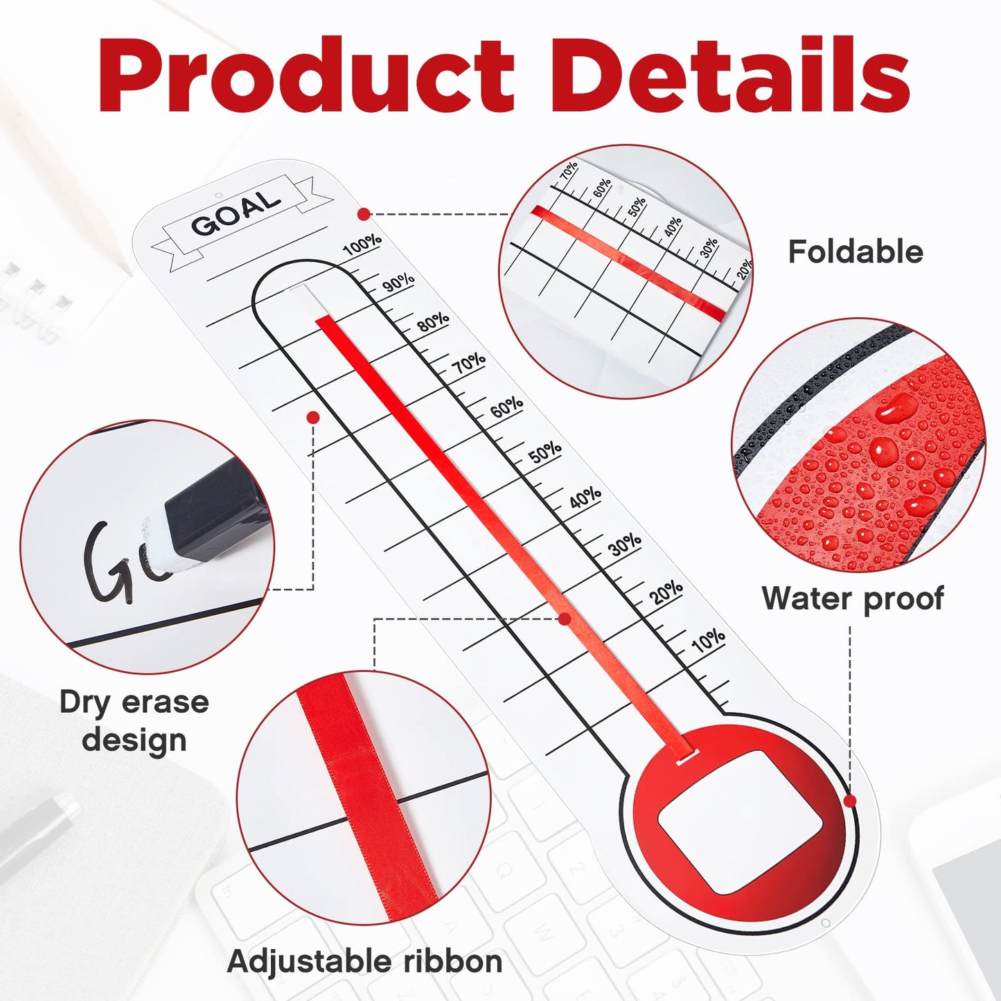 5 Pcs Goal Chart Fundraising Thermometer Goal Setter Board Goal Tracker Giant Goal Chart Goal Tracker Dry Erase Goal Setting Wall Mounted Thermometer with Pull Through Ribbon, 46 x 12 inches