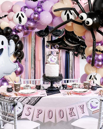 Halloween Balloon Arch Kit, OTLGEUA 127Pcs Pink Halloween Party Decorations Include Black Pink White Purple Balloons Garland, Spider Web, Bats, Ghost Foil Balloon