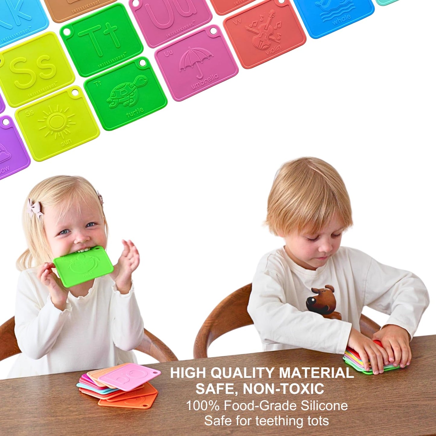 INTELLIKIDDOS SiliABCs Alphabet Flash Cards, Non-Toxic Silicone Alphabet Flash Cards for Toddlers 1-3, Montessori Toddler Preschool Alphabet Learning Activities, Dishwasher Safe Soft Baby ABC Cards