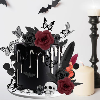 TSVATE Gothic Cake Decorations - 26PCS Black Cake Toppers with Red Black Rose, Skull, Butterfly Cupcake Toppers for Goth Birthday, Wedding, Halloween