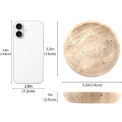 Small Natural Marble Jewelry Tray Key Plate Holder Dish Trinket Decor Catch All Bowl for Ring Earring Stone Gift for Women Daugther,Beige Travertine，5.5"