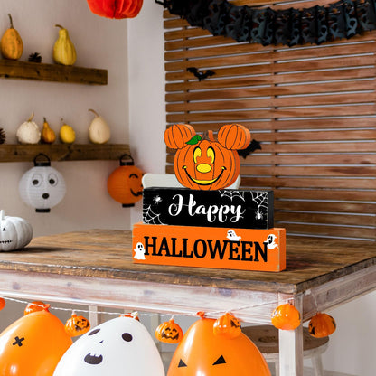 Halloween Mouse Wooden Table Signs Pumpkin Decor, 3PCS Happy Halloween Freestanding Rustic Tabletop Decorative Signs, Halloween 3-Layered Tiered Tray Blocks Centerpiece Indoor Home Decorations