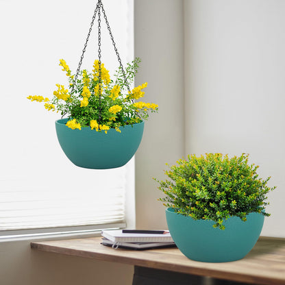 Meowell 8 inch Small Hanging Planters Plant Pots for Indoor Outdoor Plants, 2 Pack Hanging Flower Pots with Drainage Holes and Chain for Garden, Plastic Hanging Baskets for House Plants, Blue Green