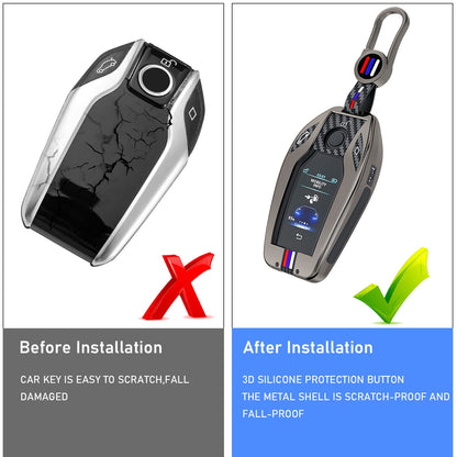 Jaronx Compatible With BMW Key Fob Cover 5' G30 G31/6' G32/7' G11 G12/X3 G01/X4 G02/X5 G05/X7 G07/i8, LCD Digital Touchscreen Smart Metal Key Cover Holder Carbon Fiber Pattern Rubber For BMW (1 Set)