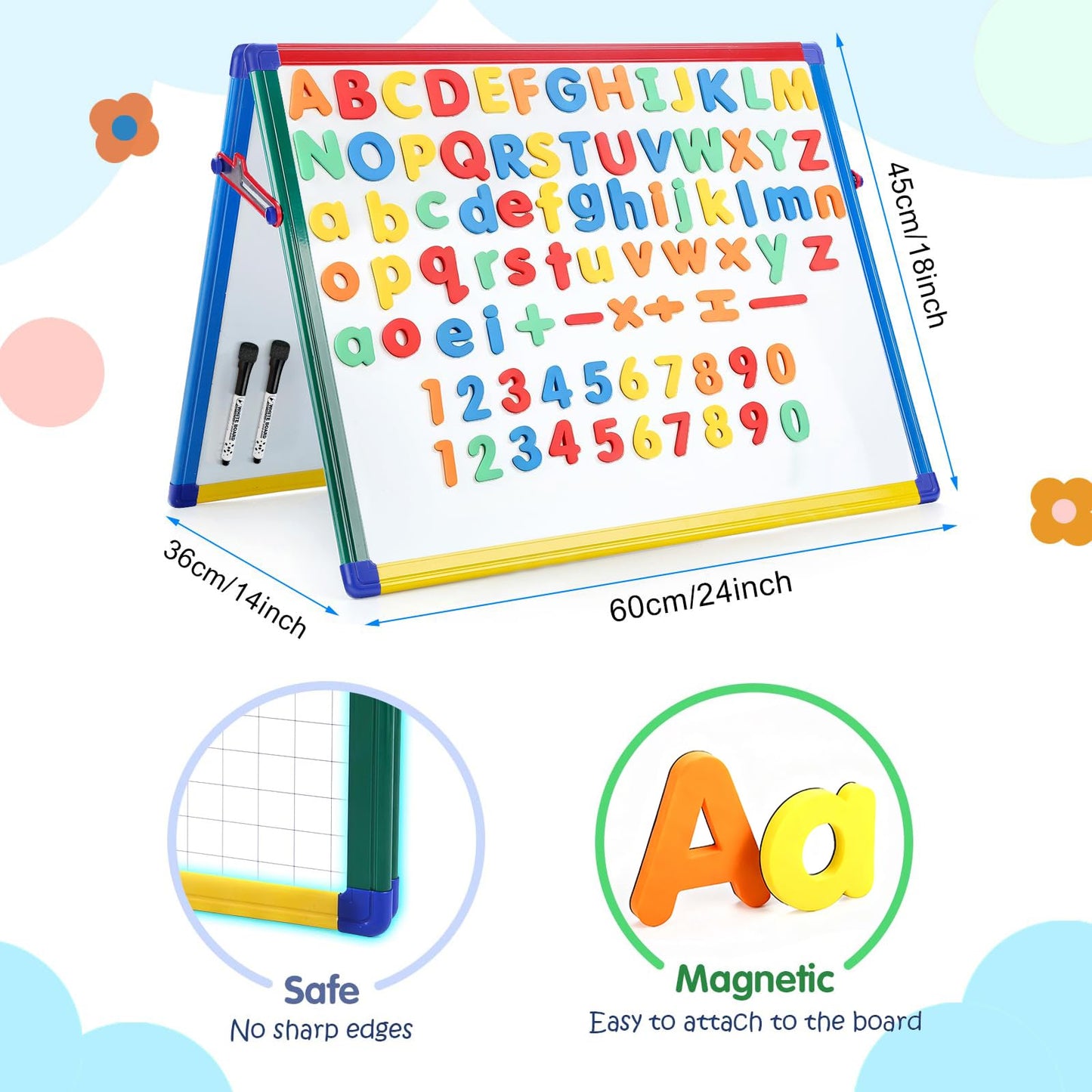 SWANCROWN Magnetic Board for Kids - Tabletop White Board for Children- 24x18 Inch Double Sided Foldable Dry Erase Board Standing with 82Pcs Alphabet Magnets Whiteboard Letters
