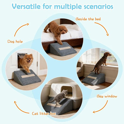 Foam Dog Ramp for Stairs, Low-Impact Climbing Dog Stairs for Senior Dogs | 5.1"H, 3 Pack, 40D High-Density Foam Won't Collapse, Protects Joints, Anti-Slip & Self-Sticky Pads, Washable Cover, Grey