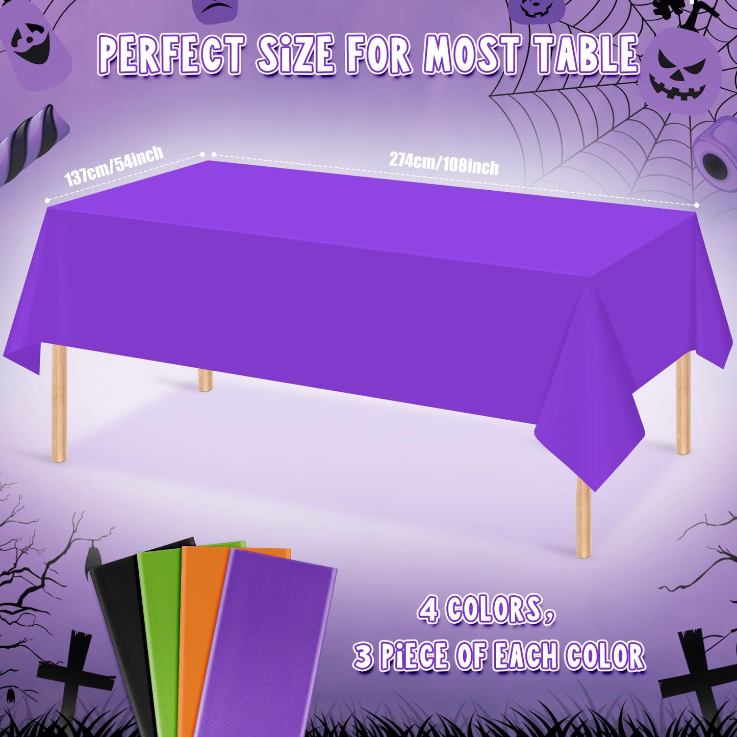 MASHAN 12Pcs Halloween Tablecloth Plastic Orange Black Purple Green Table Cloths Disposable Rectangle Table Covers for Halloween Theme Kids Birthday Witch Vampire Party Decorations, 54 x 108 Inch