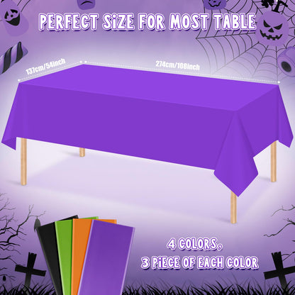MASHAN 12Pcs Halloween Tablecloth Plastic Orange Black Purple Green Table Cloths Disposable Rectangle Table Covers for Halloween Theme Kids Birthday Witch Vampire Party Decorations, 54 x 108 Inch