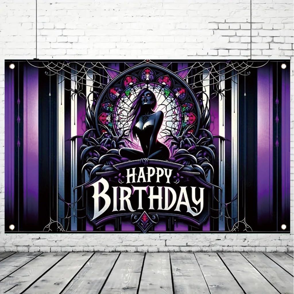 Tomhong Gothic Birthday Banner 71x43 Inch Purple Spider Web Stained Glass Halloween Theme for Gothic Party Decor Wall Hanging