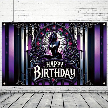Tomhong Gothic Birthday Banner 71x43 Inch Purple Spider Web Stained Glass Halloween Theme for Gothic Party Decor Wall Hanging