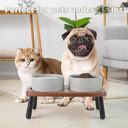 SPUNKYJUNKY Ceramic Elevated Dog Bowls Raised with Acacia Bamboo Wooden Stand, 6.1'' Dog and Cat Food Water Bowls Set Non-Slip for Small Medium Sized Breed Microwave Dishwasher Safe - 28.7 OZ,Grey