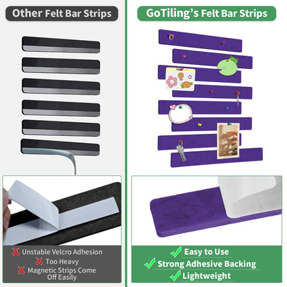 GoTiling Cork Board for Walls - 8 Pack Felt Pin Board Bar Strips - Self-Adhesive Lightweight Bulletin Board - Cork Board for Office with 40 Push Pins No Damage for Wall (Violet)