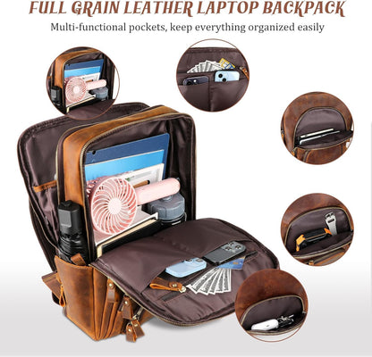 Fshsup Full Grain Leather Backpack 15.6" Laptop Bag Men's Vintage Genuine Leather Business Backpack Travel Hiking Camping Rucksack Overnight Weekender Daypack Backpack