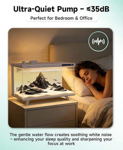 M1 5 Gallon Aquarium Starter Kit, App Control Smart Fish Tank with Filter, Auto Feeder, Quiet Pump, Timer Light, Temp Display, Crystal-Clear Glass Desktop Betta Tank for Guppy Shrimp, White