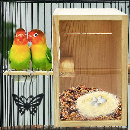 Vertical Parakeet Nesting Box,Transparent Bird Nesting Box Natural Wood Parakeet House for Cage Clear Acrylic Budgie Breeding Nest for Lovebird,Cockatiel,Parrot,Budgie,Conure,Finch