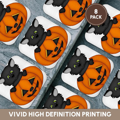 3dRose CST_216734_2 Cute Halloween Cat in a Pumpkin Illustration Soft Coasters (Set of 8)