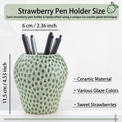 Uhuida Cute Strawberry Pencil Holder for Desk, Large Ceramic Pen Holder & Makeup Brush Holder, Kawaii Strawberry Desk Organizers for Girls Kids Teachers(Green)