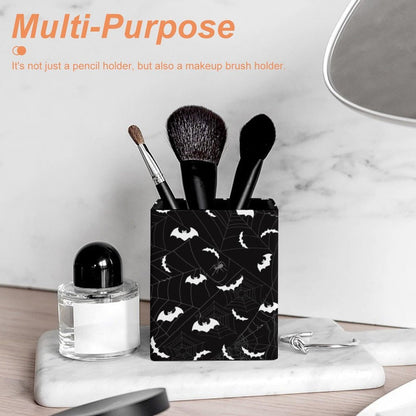 DerlonKaje Bats Square Leather Pen Holder, Minimalist Desk Organizer for Office Home School, Pencil & Stationery Storage Box, Gift for Students Teachers Colleagues