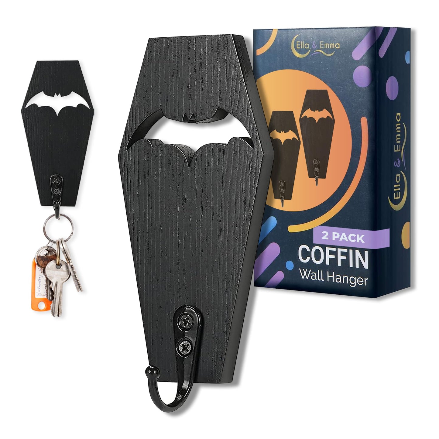 Ella & Emma Wall Mounted Coffin-Shaped Key Holder - Gothic Home Decor Wall Hanger with Hook - Gothic & Spooky Halloween Decor for Home - 2 Pieces (COFFIN & BAT)