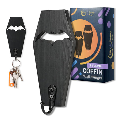 Ella & Emma Wall Mounted Coffin-Shaped Key Holder - Gothic Home Decor Wall Hanger with Hook - Gothic & Spooky Halloween Decor for Home - 2 Pieces (COFFIN & BAT)