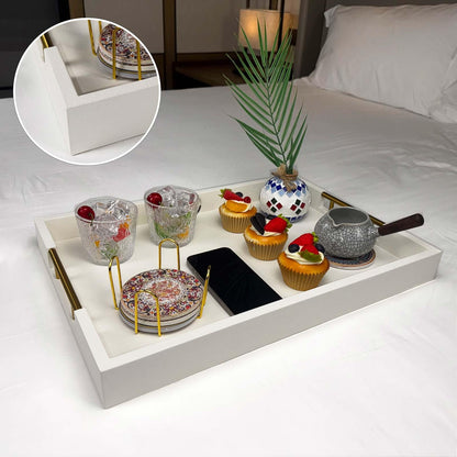 14x20 Inches White Faux Leather Wrapped Wood Serving Tray with Metal Handles for Various Occasions, Ottoman, Home Decor Decorative, Living Room, Coffee Table Organizer, Serving Breakfast On Bed