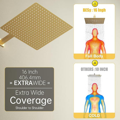 BESy 16 Inch Rain Shower Head, 16" Square Rainfall & High Pressure Stainless Steel Bath Showerhead, 1/16" Ultra Thin, Waterfall Full Body Coverage with Silicone Nozzle, Brushed Gold
