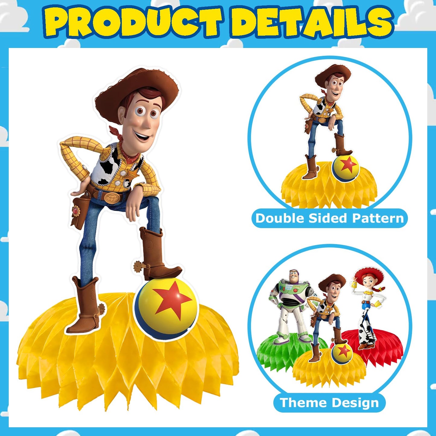9Pcs Toy Honeycomb Centerpieces, Cartoon Movie Theme Birthday Party Supplies, Double-Sided 3D Table Decorations & Favors for Kids