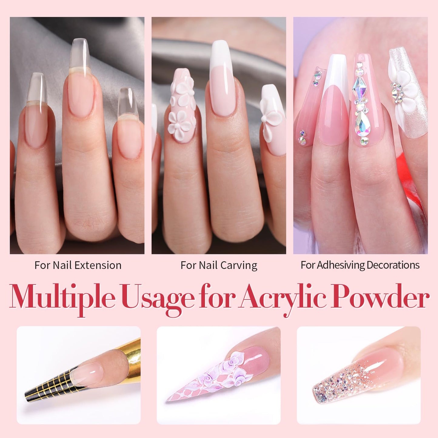 BORN PRETTY Acrylic Nail Kit - Acrylic Powder (Clear, White, Pink) & Liquid Set with Nail Forms, Brush Pen, File & Glass Container - Beginner Friendly