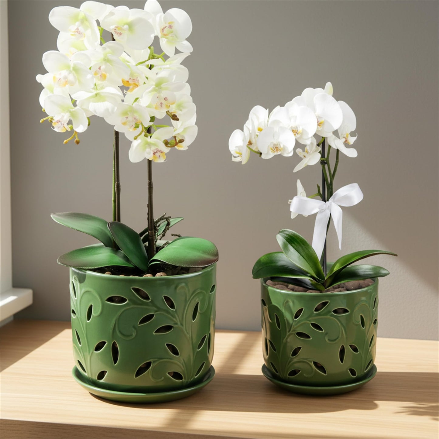 EFISPSS Orchid Pot with Holes, 5+6Inch Ceramic Plant Pots with Drainage Holes and Tray, Promoting Air Circulation and Drainage, Indoor/Outdoor Flower Pots-Green