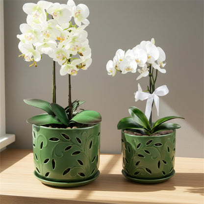 EFISPSS Orchid Pot with Holes, 5+6Inch Ceramic Plant Pots with Drainage Holes and Tray, Promoting Air Circulation and Drainage, Indoor/Outdoor Flower Pots-Green