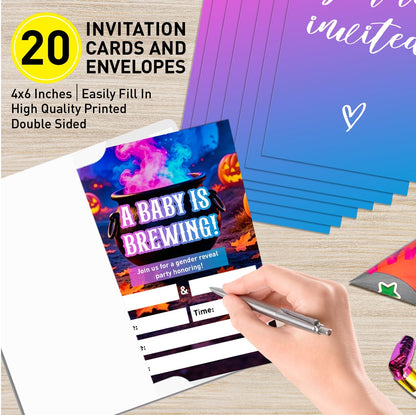 Halloween Gender Reveal Invitation Set of 20, 4"x6" Witch Theme Invites