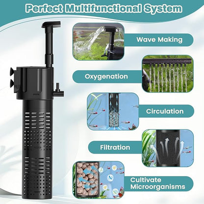 hygger Internal Aquarium Filter, 5-in-1 Submersible Fish Tank Filter, Adjustable Wave Maker & Air Bubbler, Quiet Turtle Tank Filter for 5-15 Gallon Freshwater Saltwater, 80GPH, 5W