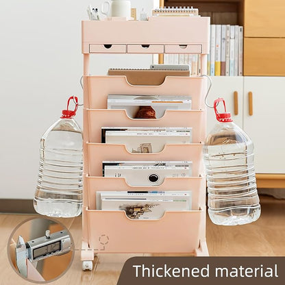 5 Tier Rolling Book Cart Multi-Functional Movable Storage Bookshelves with Lockable Wheels for Study Office Library Classroom, (Pink, with Wheel)