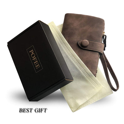 PofeeXIO Womens Small Bifold Leather Wallets Rfid Ladies Wristlet with Card slots id window Zipper Coin Purse (Brown)