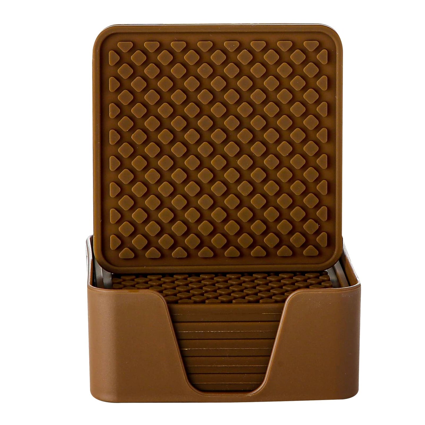Colinda Silicone Drink Coasters with Holder, Set of 6, for Tabletop Protection and Office Desk, Cup Mat Set for Home Decor, Non-Slip and Non-Stick,Square, 4 Inch,Chocolate Brown