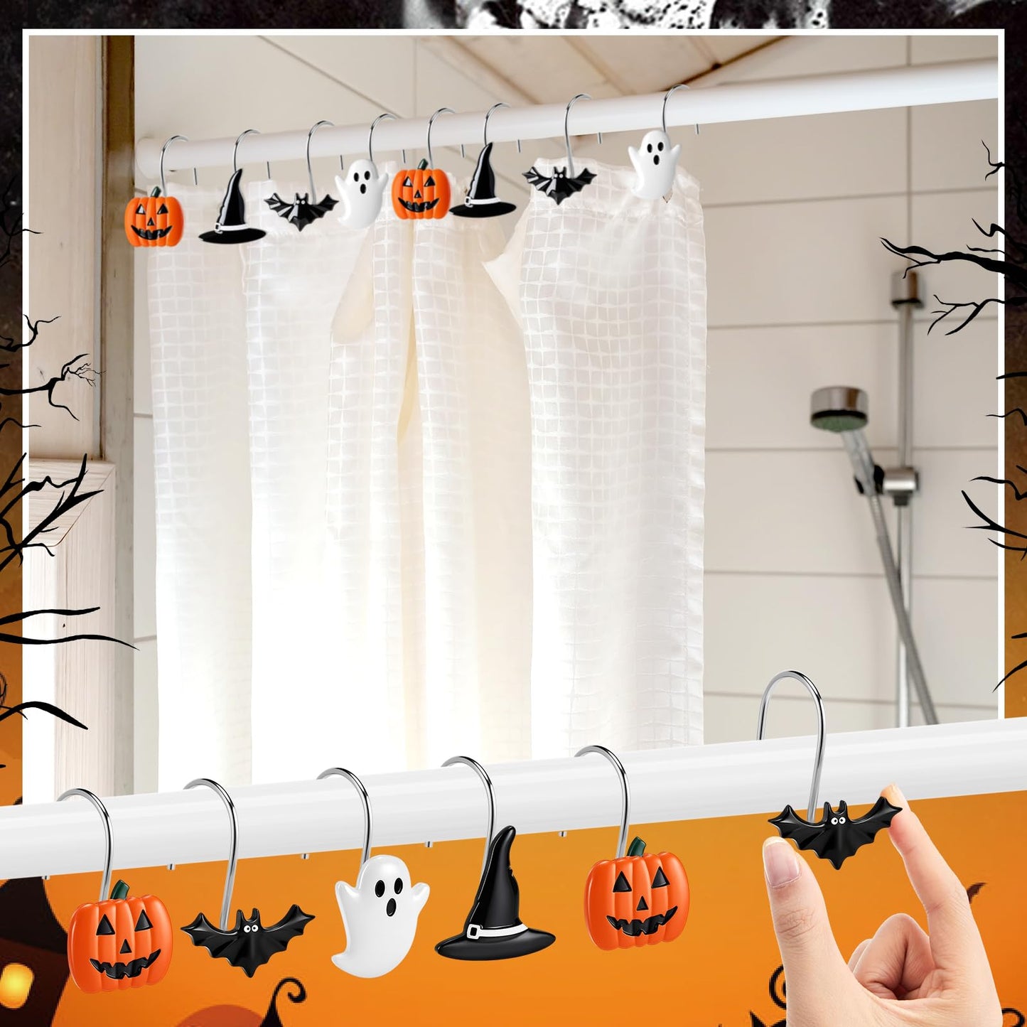 Yungyan 12 Pcs Halloween Ghost Shower Curtain Hooks Pumpkin Curtain Hangers Bat Witch Decorative Rings Accessories for Halloween Bathroom Restroom Decor