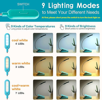 VAVOFO Clip On Book Light for Bed Kids, 7 LED Reading Light with 9-Level Warm Cool White Daylight, Eye Care Lamp with Power Indicator for Bookworms (Blue)