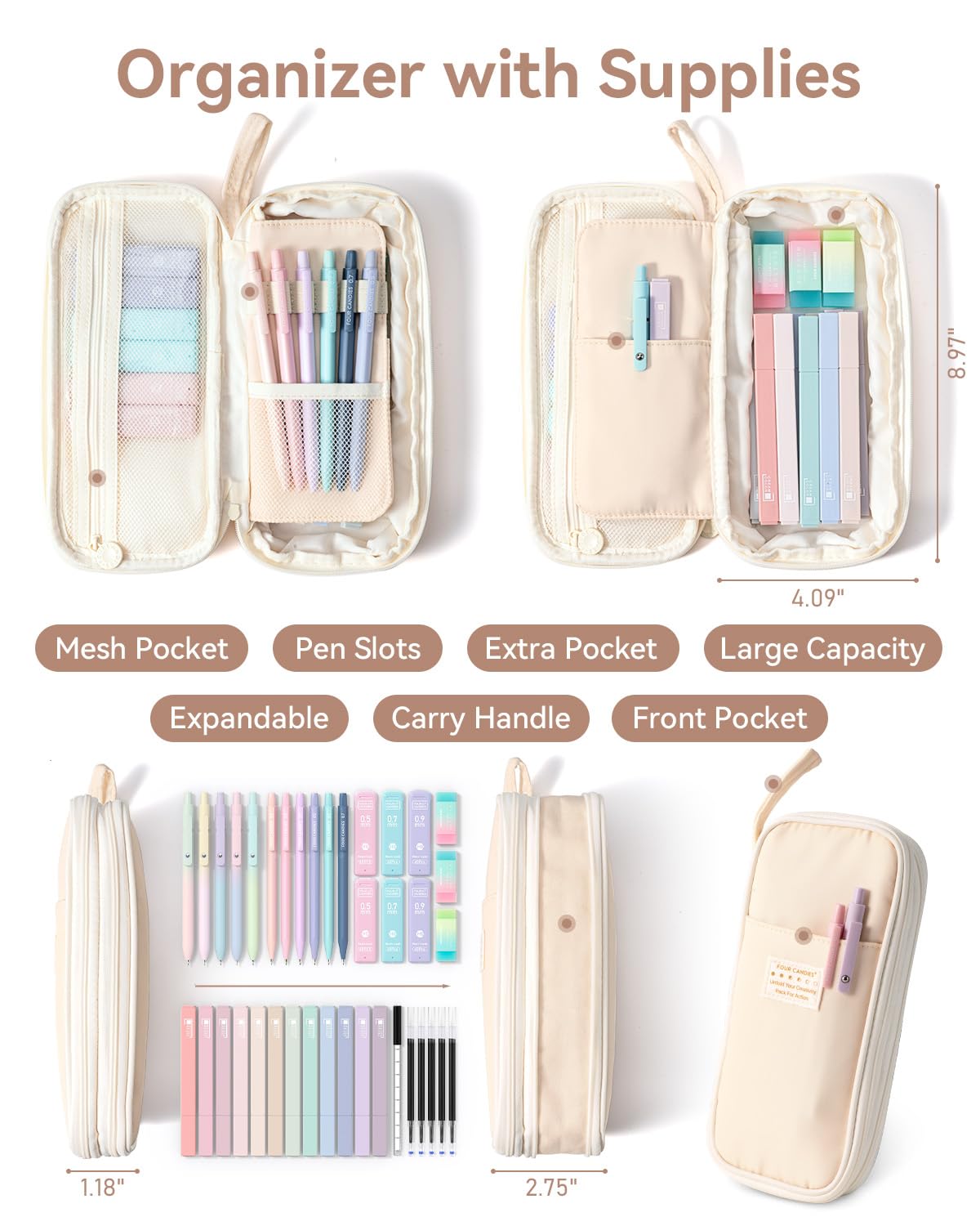 Four Candies 39 PCS Aesthetic School Supplies with Cute Pen Case, 12 Pastel Highlighters, 5 Black Ink Gel Pens, 6 Mechanical Pencils Set for Students Stationery College Essentials, Cream
