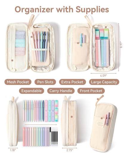 Four Candies 39 PCS Aesthetic School Supplies with Cute Pen Case, 12 Pastel Highlighters, 5 Black Ink Gel Pens, 6 Mechanical Pencils Set for Students Stationery College Essentials, Cream