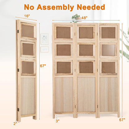 Giantex 3 Panel Room Divider with 9 Rotating Picture Frames, 67'' Folding Privacy Screen for Photo Display, Freestanding Wood Wall Partition for Room Separation, Bedroom, Office, Natural